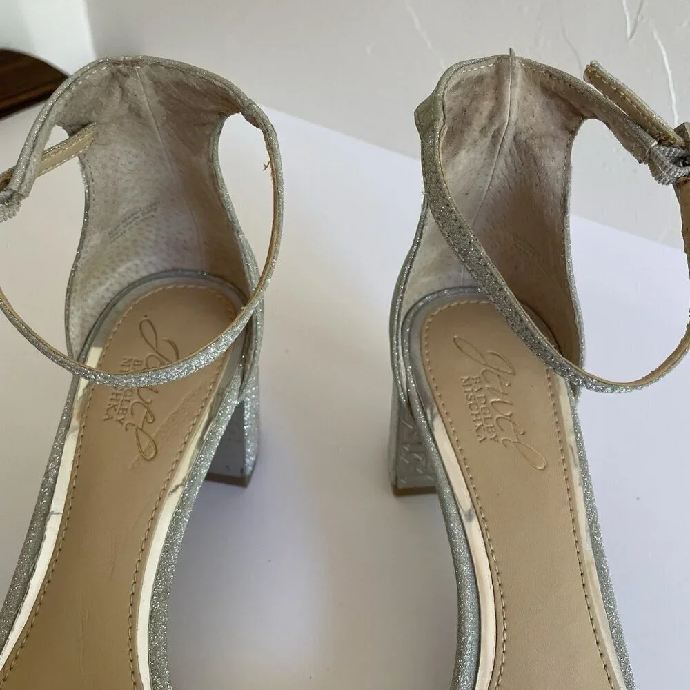 Badgley Mischka Silver Sparkle and Crystals Rhinestone Sandals Block Heels US 8